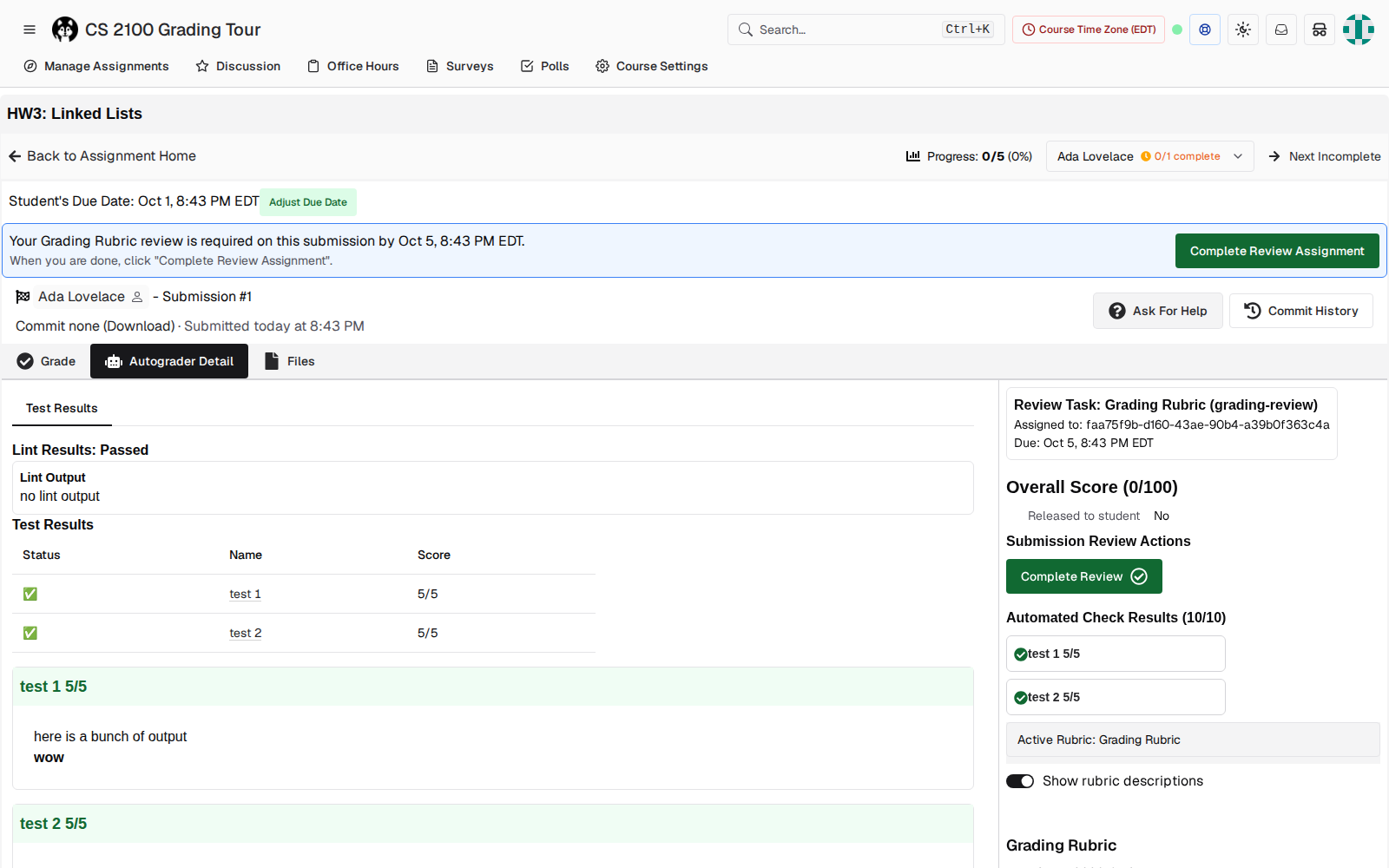 Submission view defaulting to Autograder Detail with the rubric sidebar