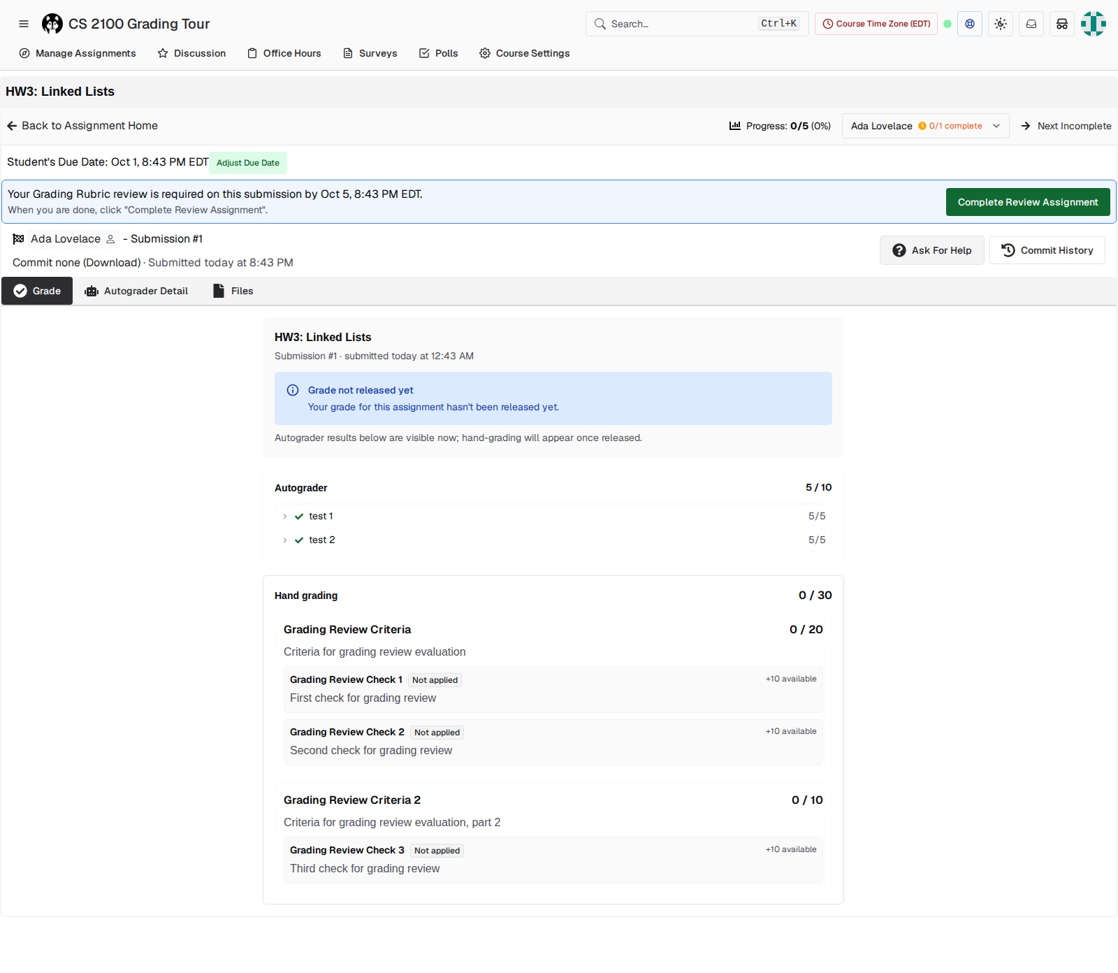 Grade tab showing the student-facing ledger with 'Your grade hasn't been released yet'