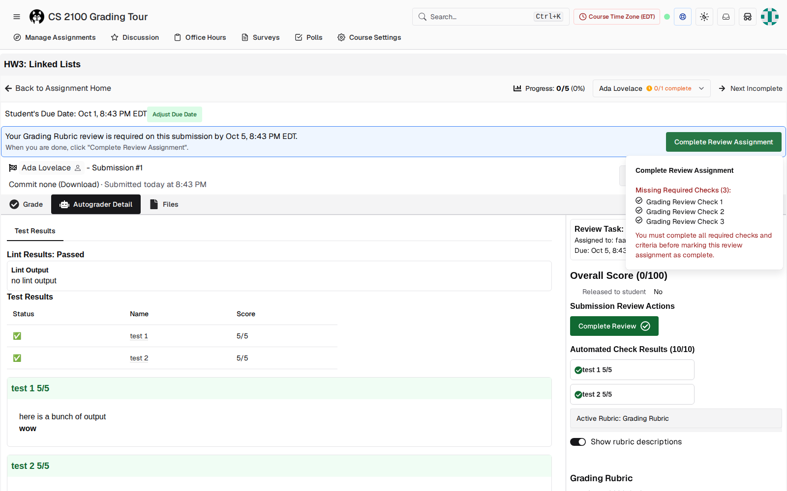 Complete Review Assignment popover listing missing required checks; a second Complete Review button sits in the sidebar