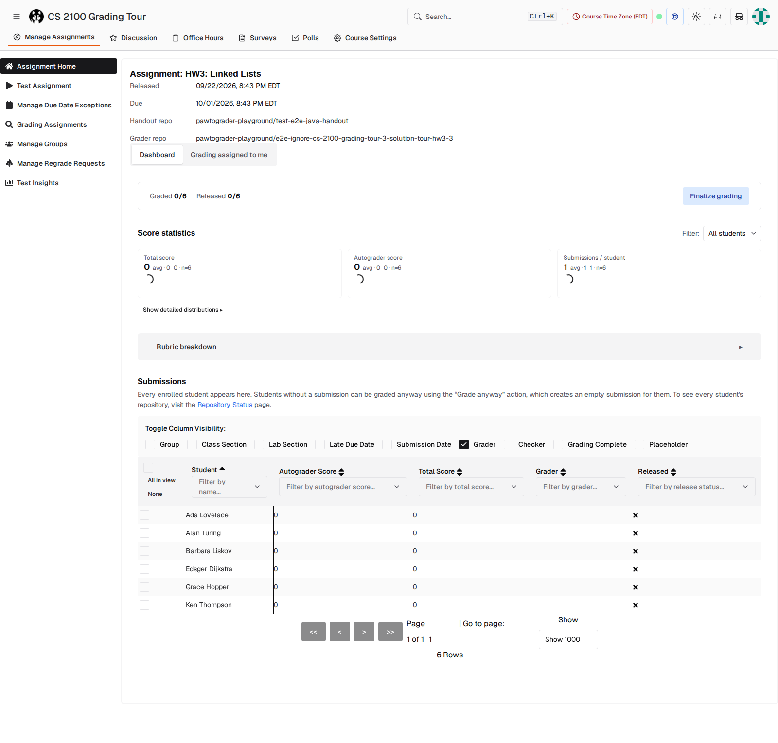 Assignment dashboard with an empty Grader column for all six students