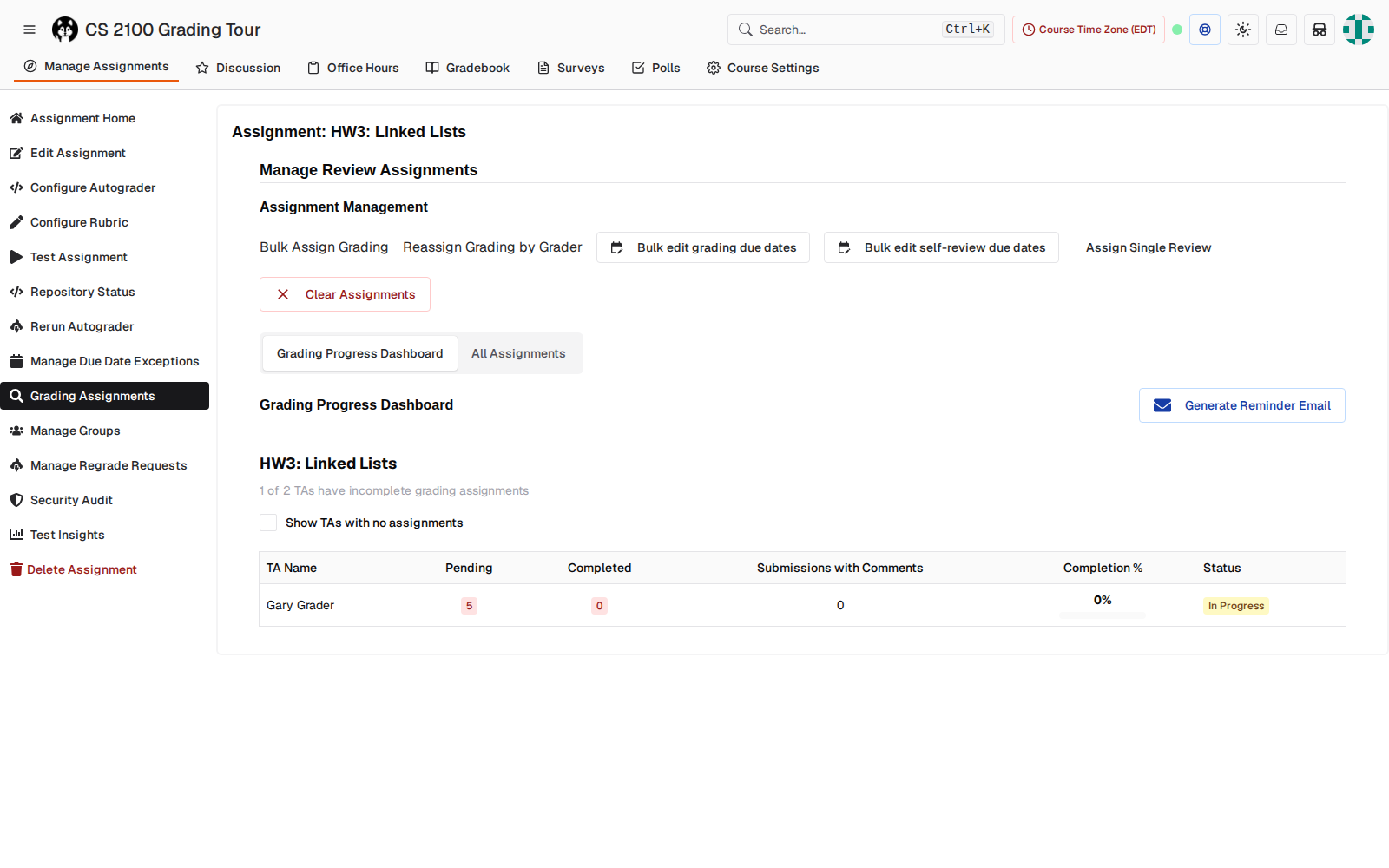 Instructor Grading Progress Dashboard listing Gary Grader with 5 pending