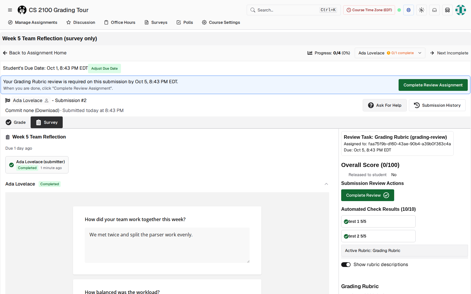 Survey tab showing the student's answers with the rubric sidebar on the right