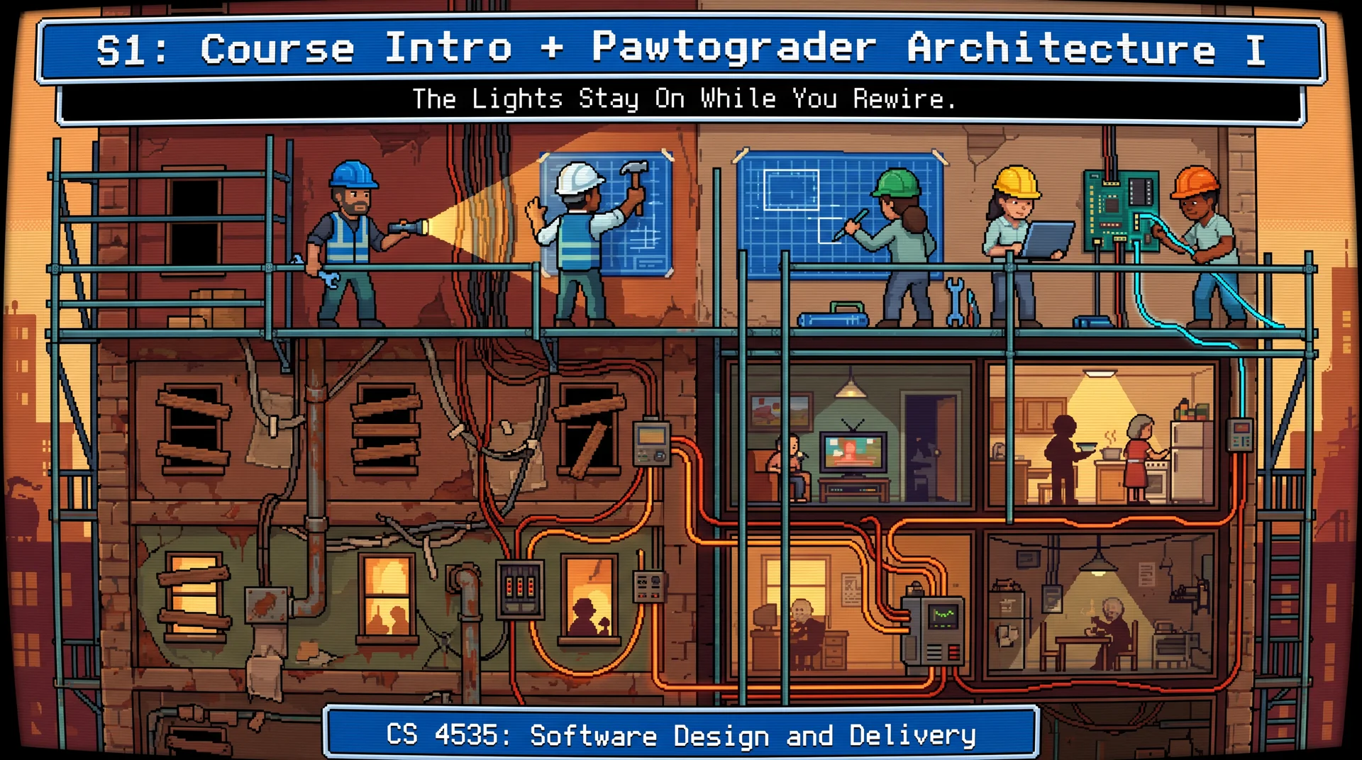 Pixel art cutaway of an old, still-occupied city building. The lower floors are a tangle of rusted amber pipes and patched wiring; on scaffolding above, a crew of five engineers in teal and blue trace the wiring with flashlights and pin up new blueprints. Lights are on in the windows — the building is still running. Tagline: The Lights Stay On While You Rewire.