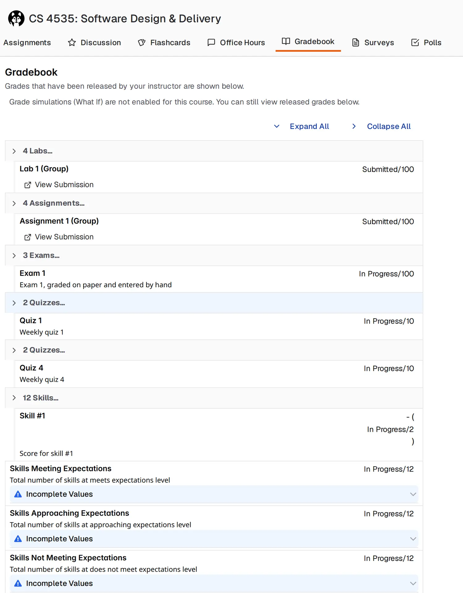 The student gradebook in Pawtograder for CS 4535. Collapsible headers read 4 Labs, 4 Assignments, 3 Exams, 2 Quizzes, 2 Quizzes again, and 12 Skills. Below them, Skills Meeting Expectations, Skills Approaching Expectations, Skills Not Meeting Expectations and Average HW sit outside any group.