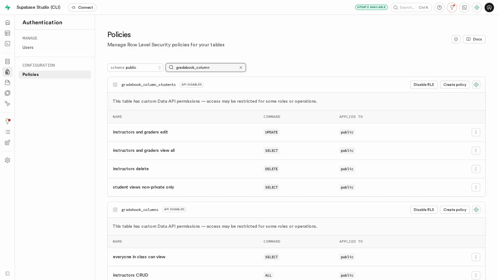Supabase Studio policies page filtered to gradebook_column. It lists the policies on gradebook_column_students (instructors and graders edit, instructors and graders view all, instructors delete, student views non-private only) and on gradebook_columns (everyone in class can view, instructors CRUD), each labeled with its command.