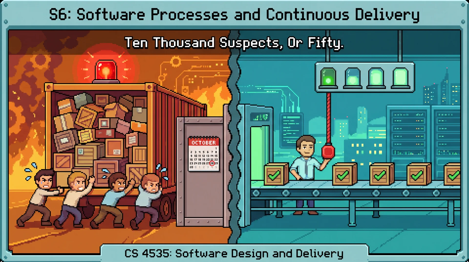 Split pixel-art scene. On the left in warm amber, four engineers strain to push one enormous freight container packed with mismatched crates through a gate, a red warning lamp on top. On the right in cool teal, a conveyor carries small crates through the same gate one at a time, each with a green checkmark, while one engineer rests a hand on a stop cord and four lamps above show a ramp climbing. Tagline: Ten Thousand Suspects, Or Fifty.