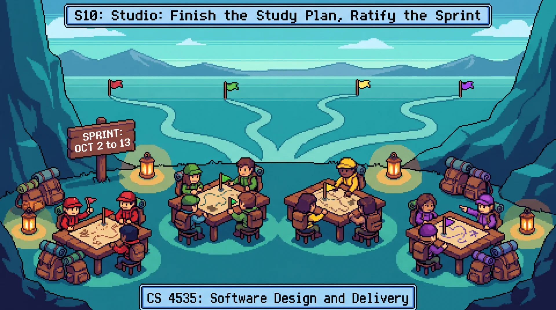 Pixel art of a base camp at the edge of a valley. Four small teams sit around tables with maps, pinning flags to routes, their backpacks packed. Four paths lead off into the valley, and a signpost reads Sprint: Oct 2 to 13.